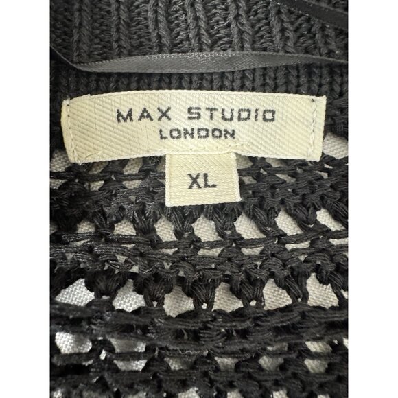 Max Studio XL Black Open Knit Linen Tencel V-neck Collared Sweater Preppy Boxy - Picture 5 of 8